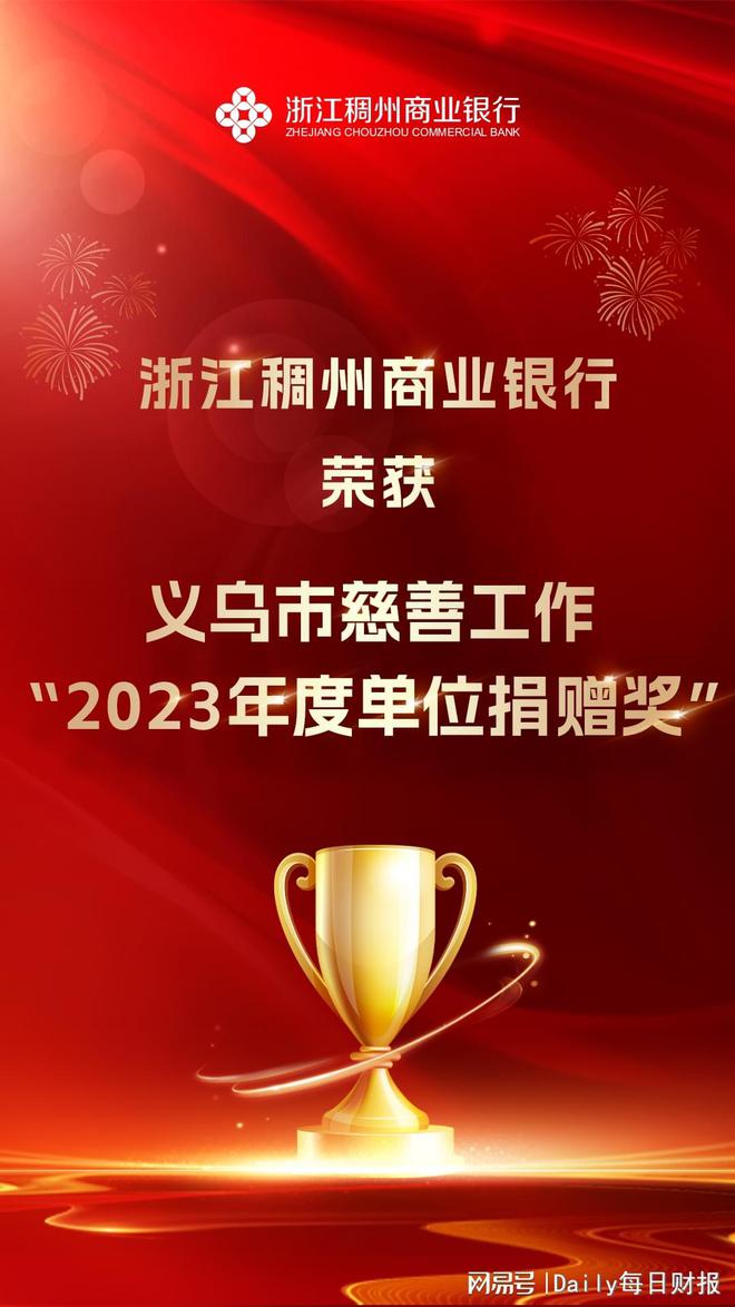 浙江稠州商业银行荣获2023年义乌市慈善工作“单位捐赠奖”
